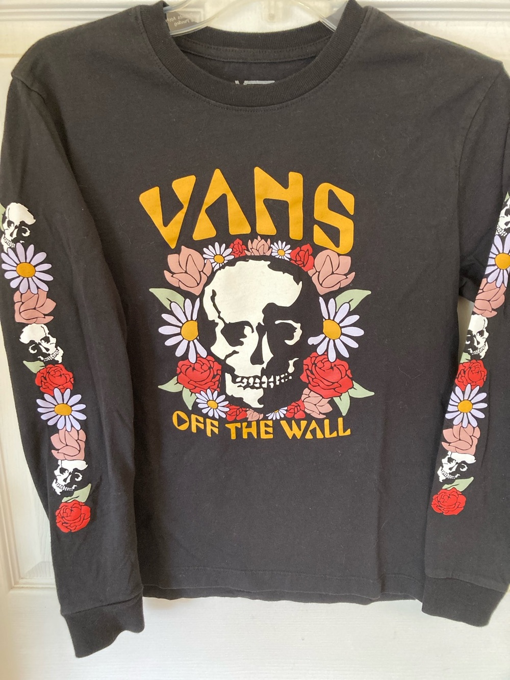 Vans Black Skull & Floral Long Sleeve Tee with Yellow Logo